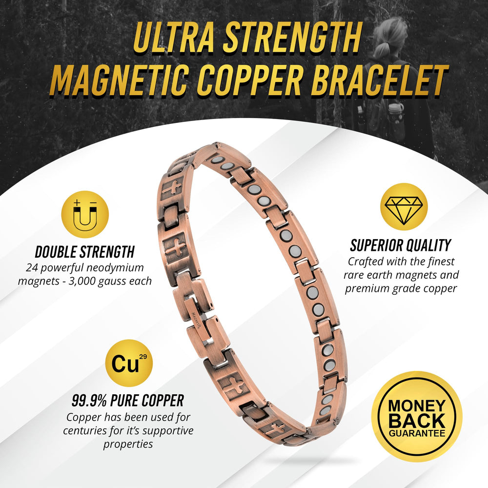 MagnetRX copper cross bracelet sizing-tool demonstrates easy at-home adjustments
