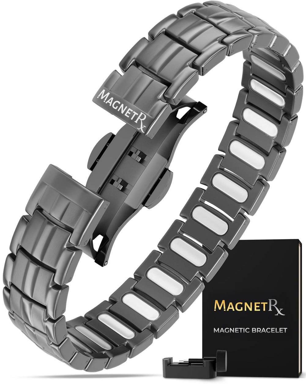 MagnetRX EllipseMAX bracelet front view shows titanium build and secure butterfly clasp.