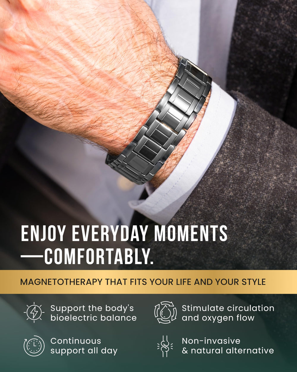 MagnetRX fold-over clasp on a men's bracelet for easy on/off and secure wear
