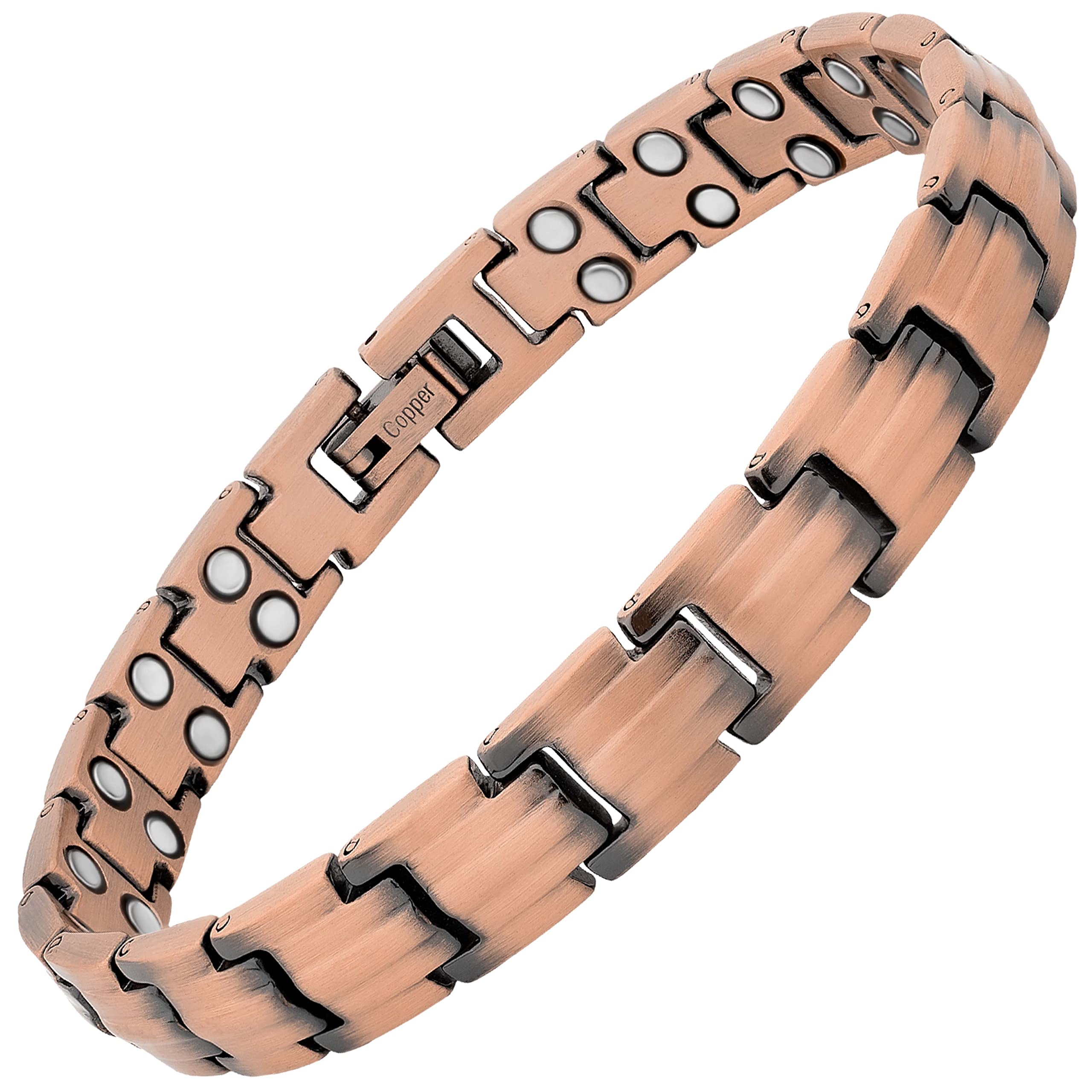 Front view of MagnetRX Pure Copper Bracelet in packaging and tags
