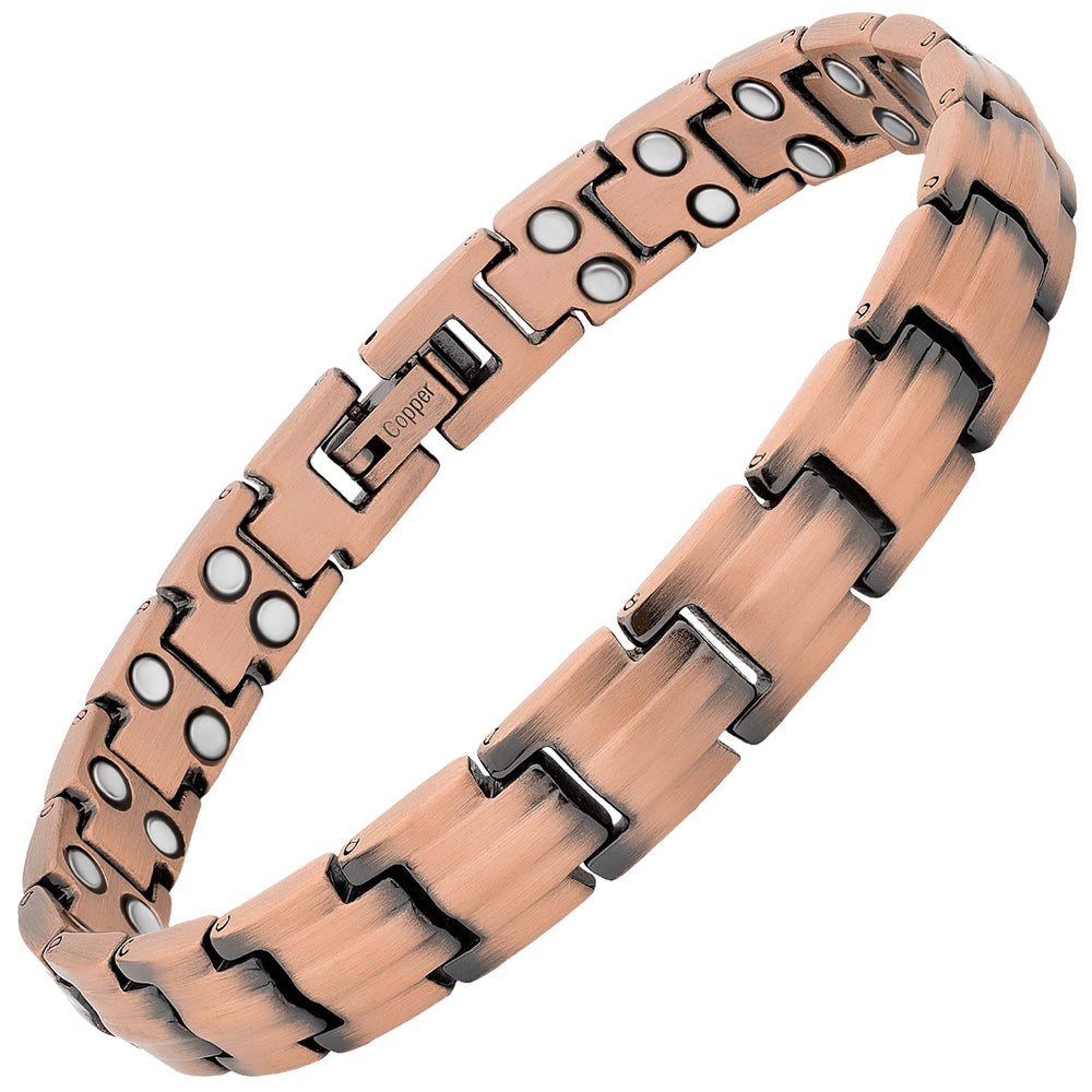 Front view of MagnetRX Pure Copper Bracelet in packaging and tags