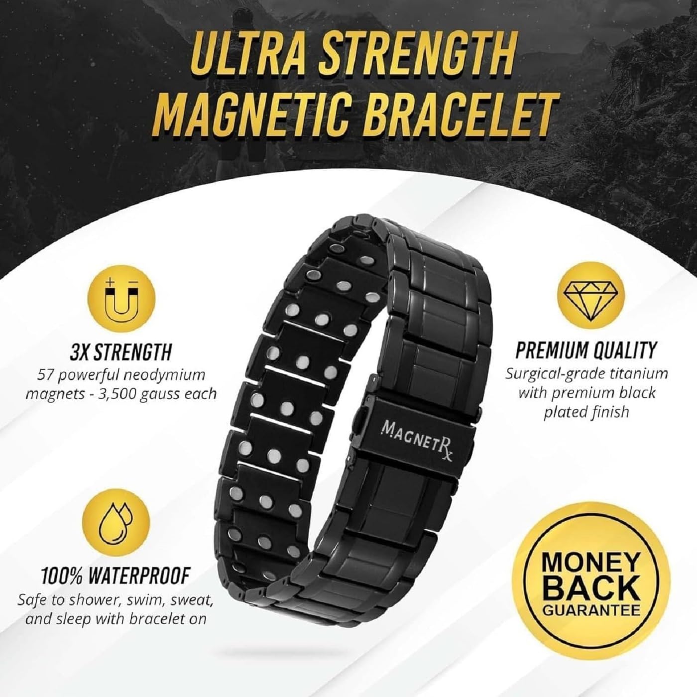 MagnetRX titanium mens bracelet close-up of fold-over clasp