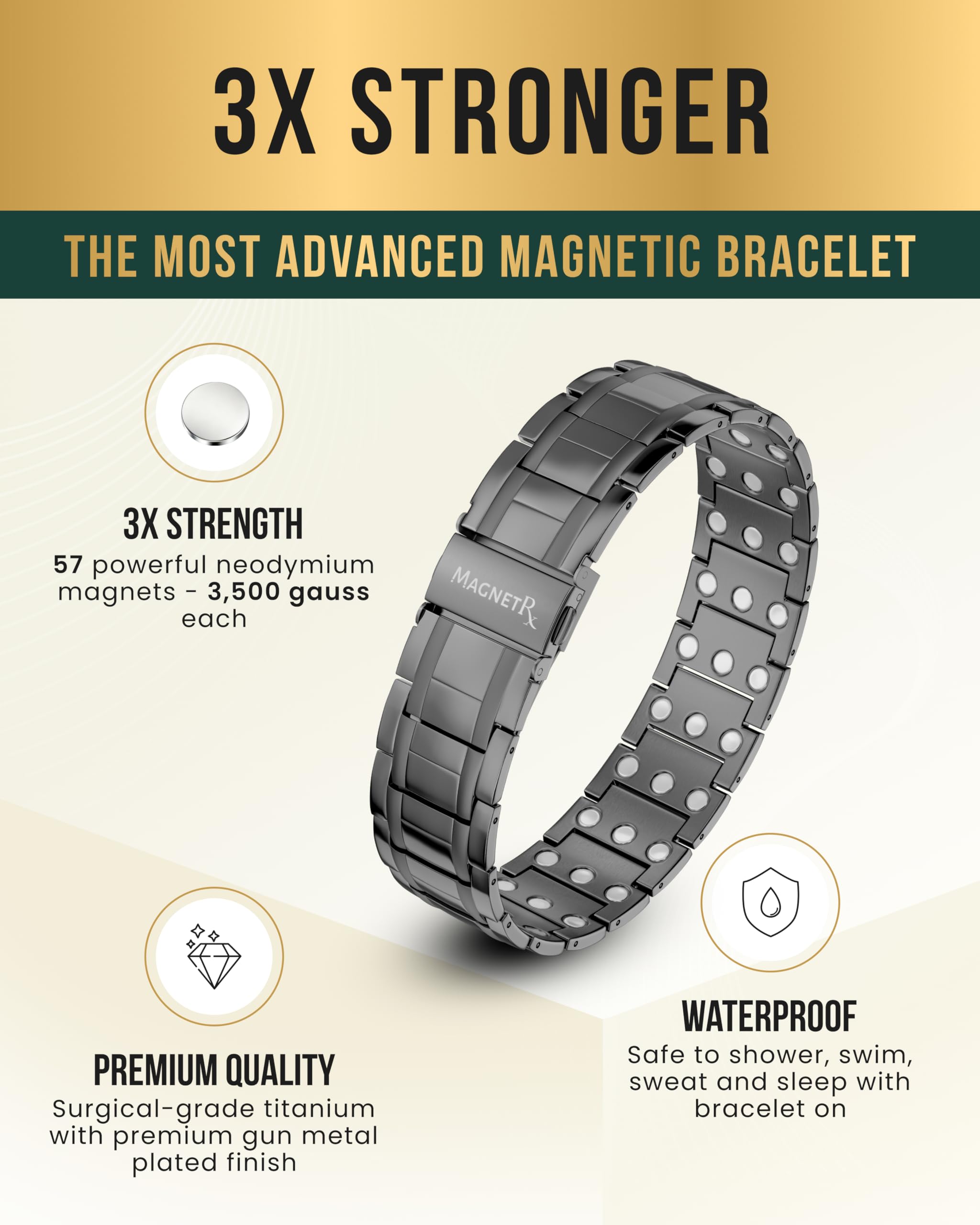 MagnetRX titanium bracelet is waterproof and sweat resistant for all-day wear