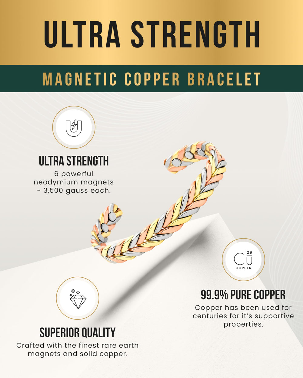 MagnetRX woven copper magnetic bracelet six magnets provide a strong field across the wrist.