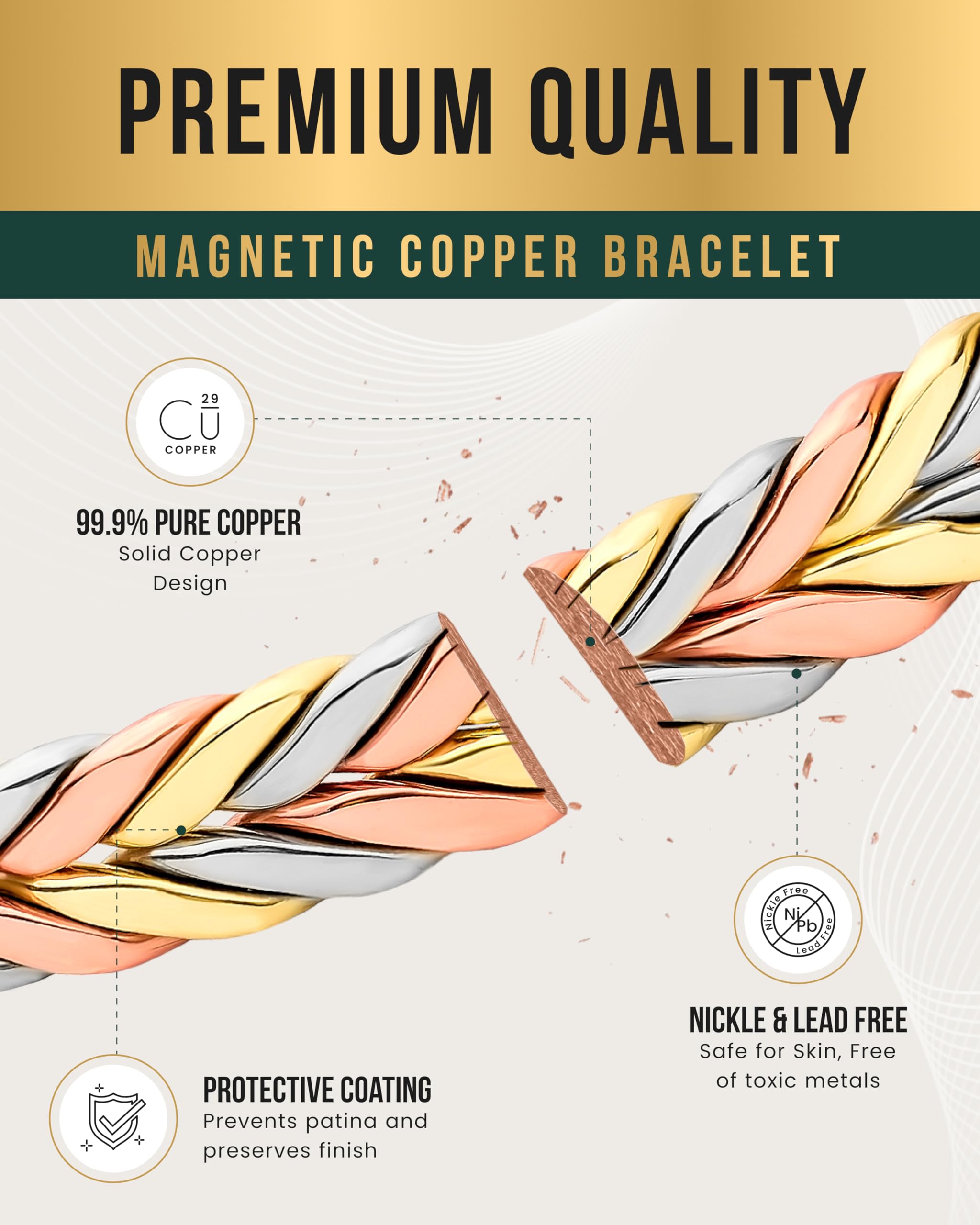 MagnetRX woven copper magnetic bracelet pure copper core emphasizes durability and hypoallergenic wear.