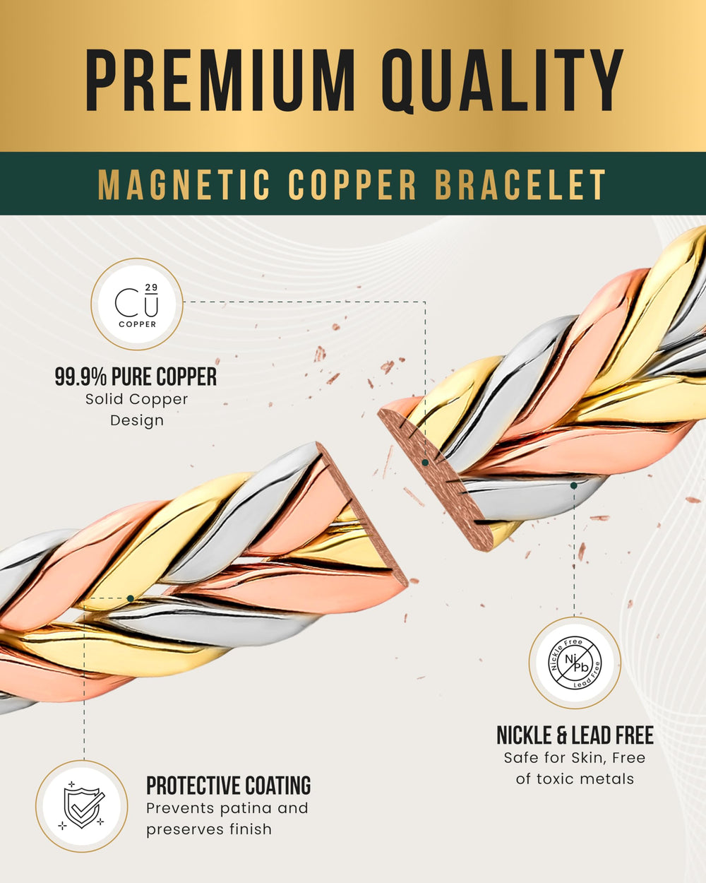 MagnetRX woven copper magnetic bracelet pure copper core emphasizes durability and hypoallergenic wear.