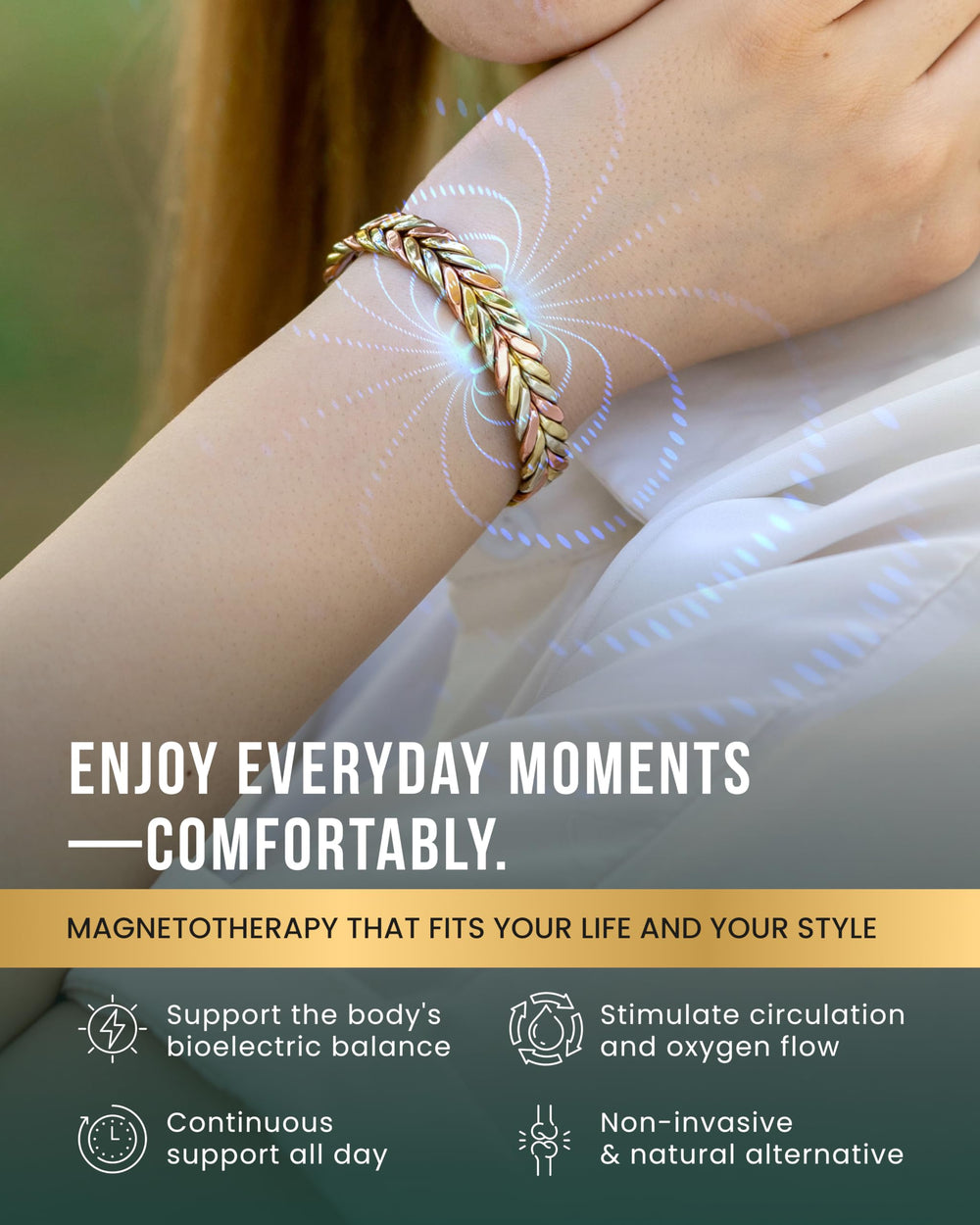 MagnetRX woven copper magnetic bracelet tri-color display showcases stylish three-tone options.