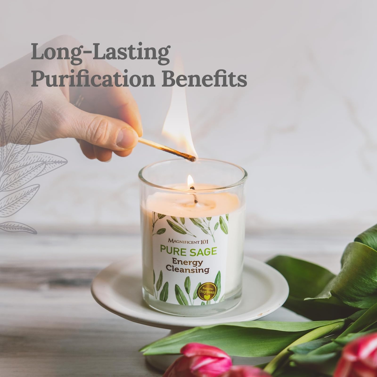 Magnificent 101 6oz soy candle glows during meditation for focused calm