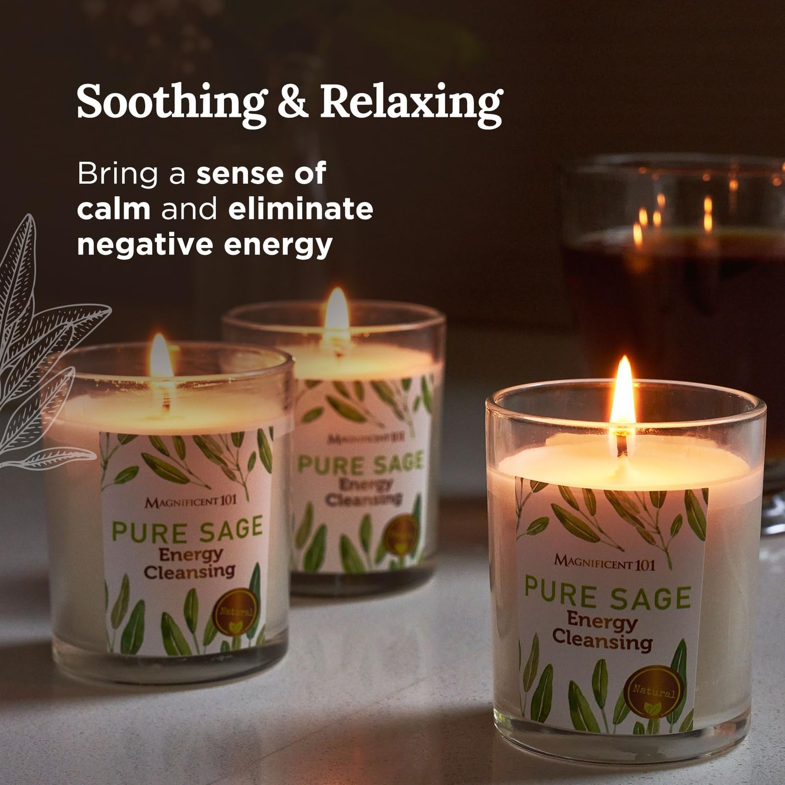 Magnificent 101 sage candle closeup showing herbal sage details for aroma
