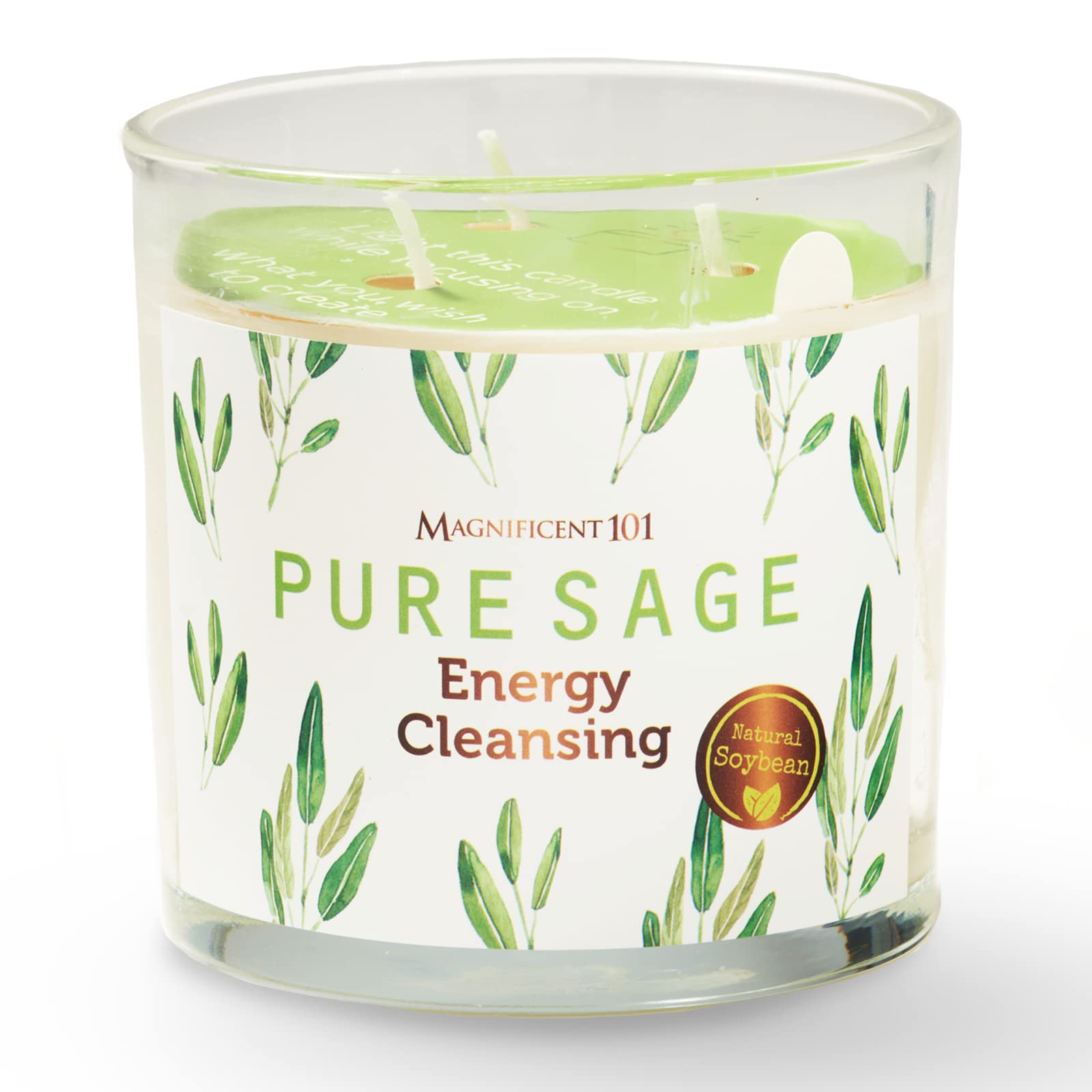 Magnificent 101 Pure Sage Candle in a glass jar for energy cleansing and ambiance.