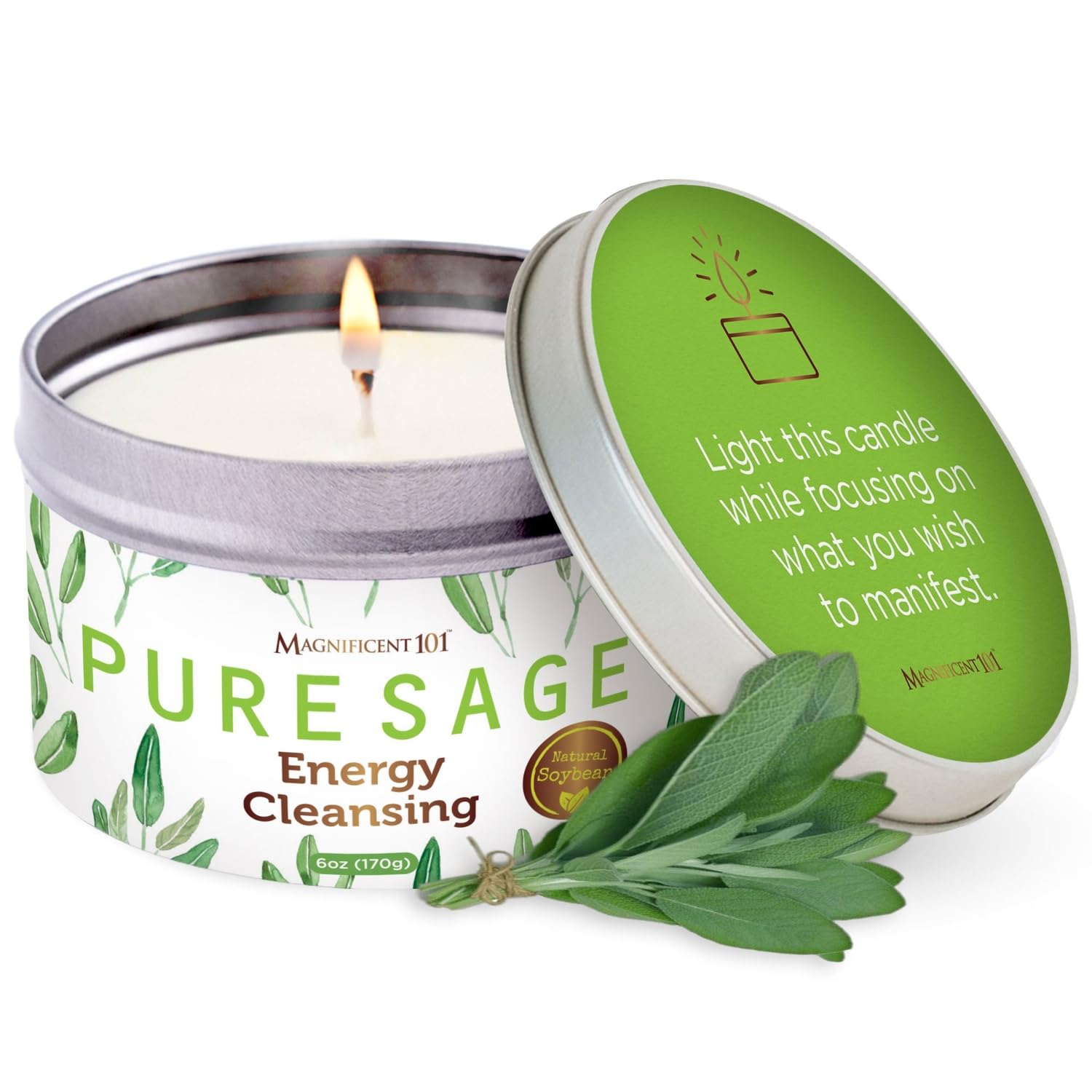 Magnificent 101 white sage candle in 6 oz size for serene ambiance and energy cleansing
