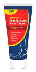 MagniLife Pain Relieving Foot Cream tube on a bathroom counter for foot care