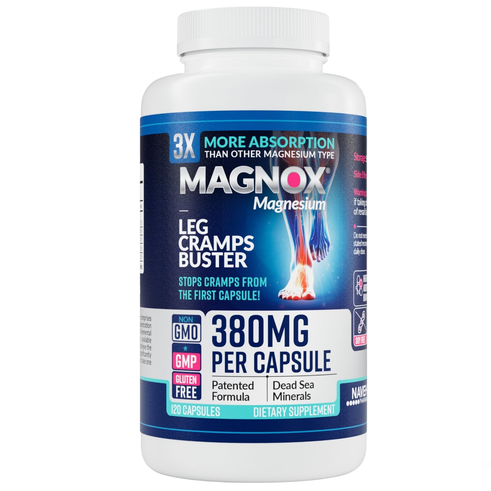 MAGNOX Leg Cramps Buster bottle top, easy-to-swallow capsules for nightly support.