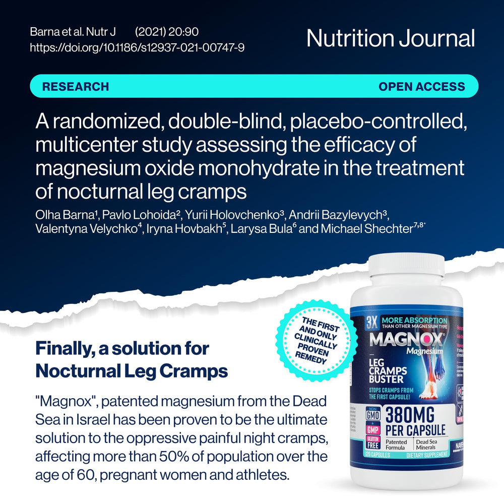 MAGNOX Leg Cramps Buster Dead Sea minerals bottle promotes absorption.