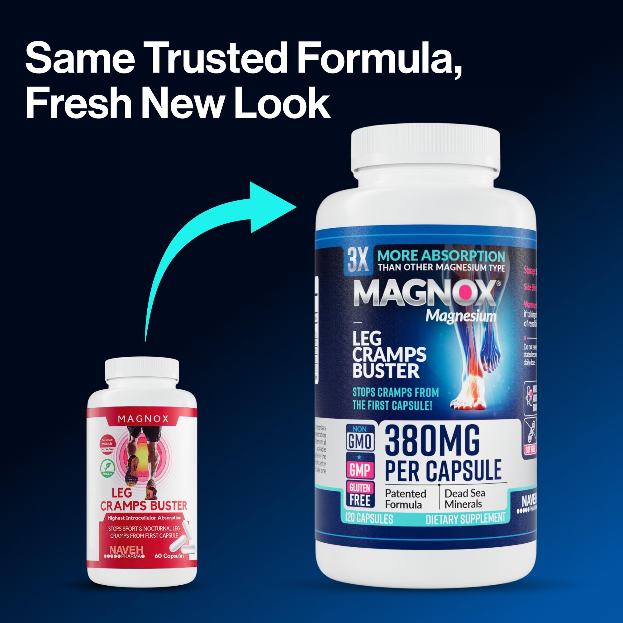 MAGNOX Leg Cramps Buster ingredients label includes Dead Sea minerals.