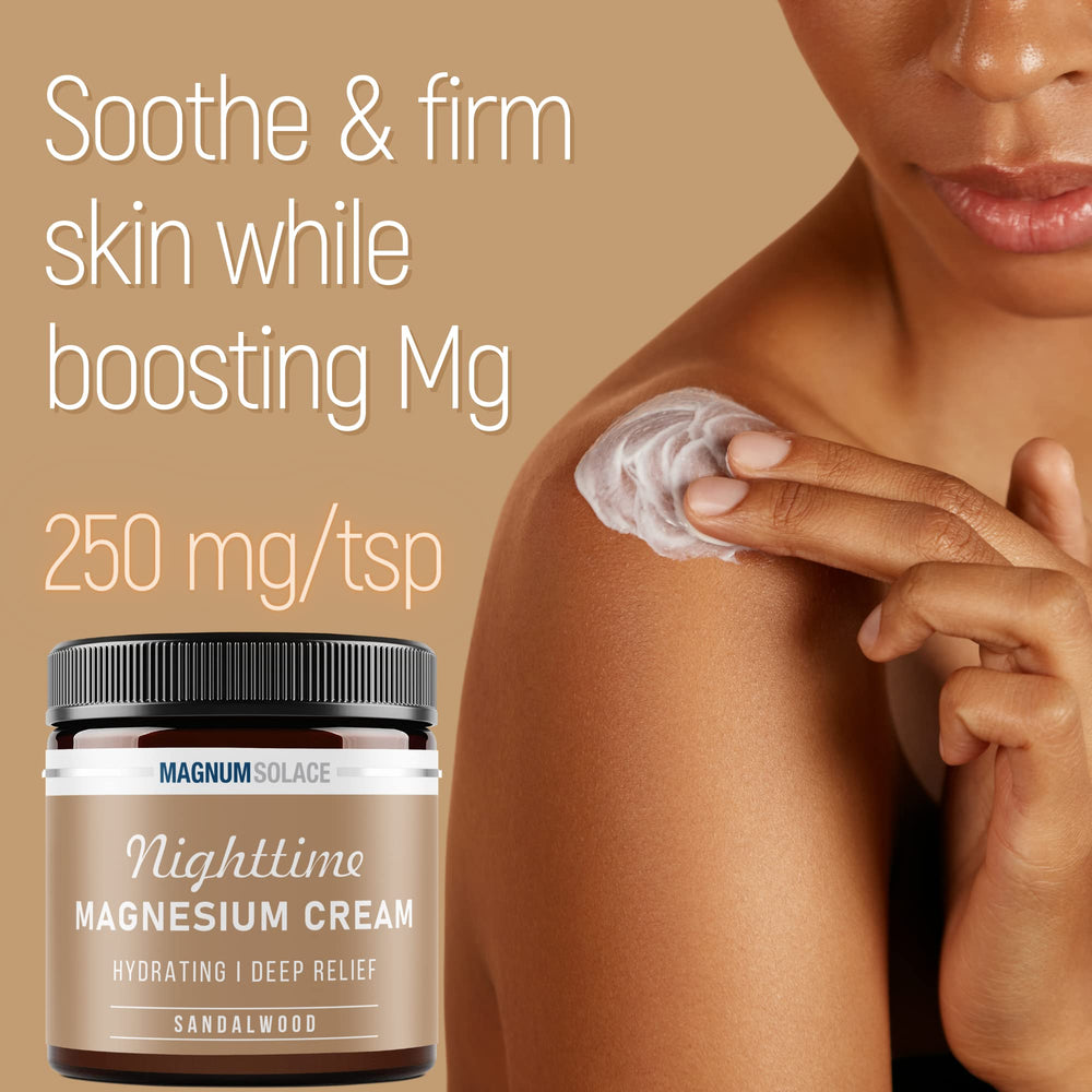 Magnum Solace lotion applied to leg for a convenient nighttime routine.