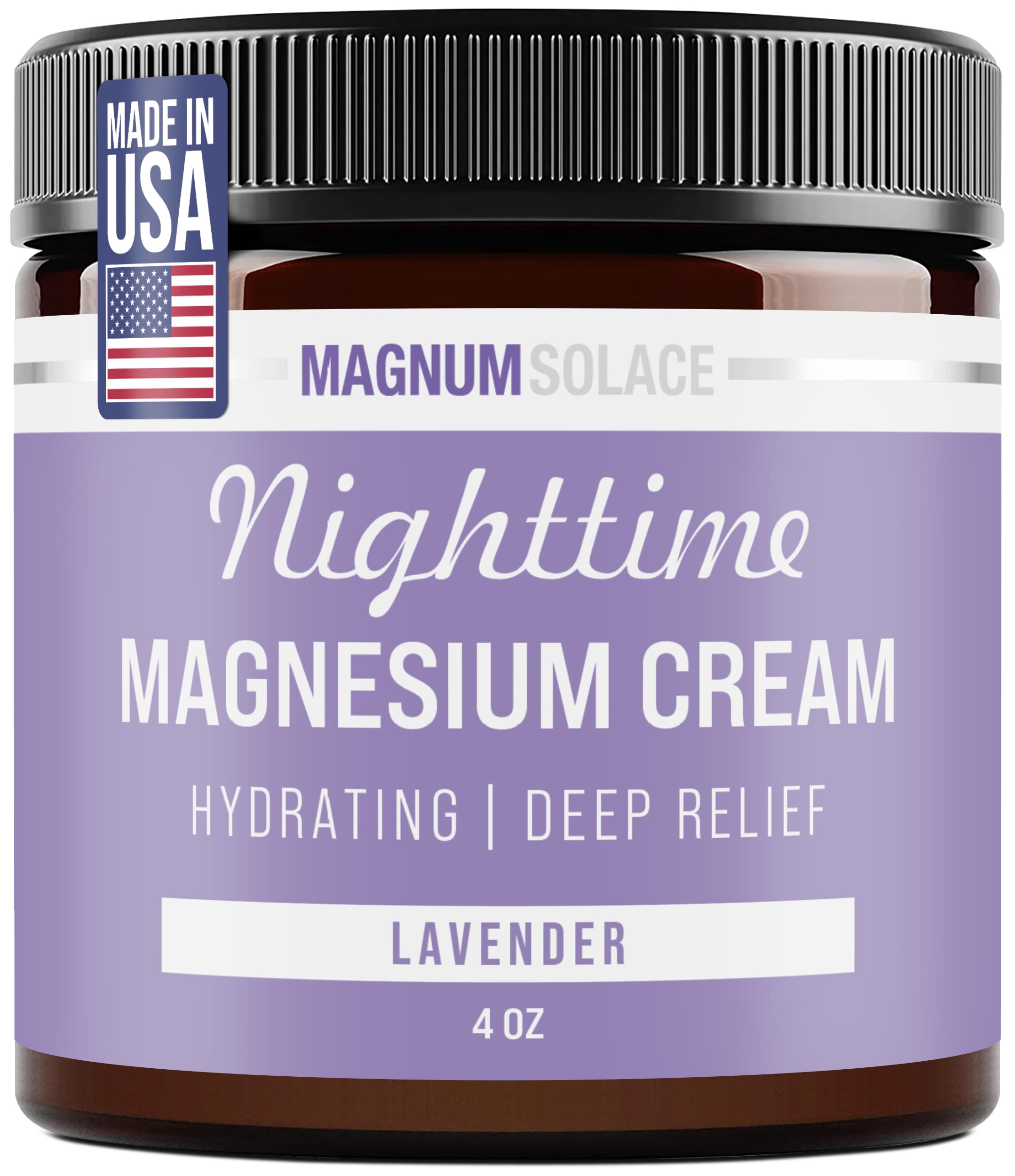 Magnum Solace Magnesium Lotion nighttime bottle promotes a relaxing pre-bed routine.