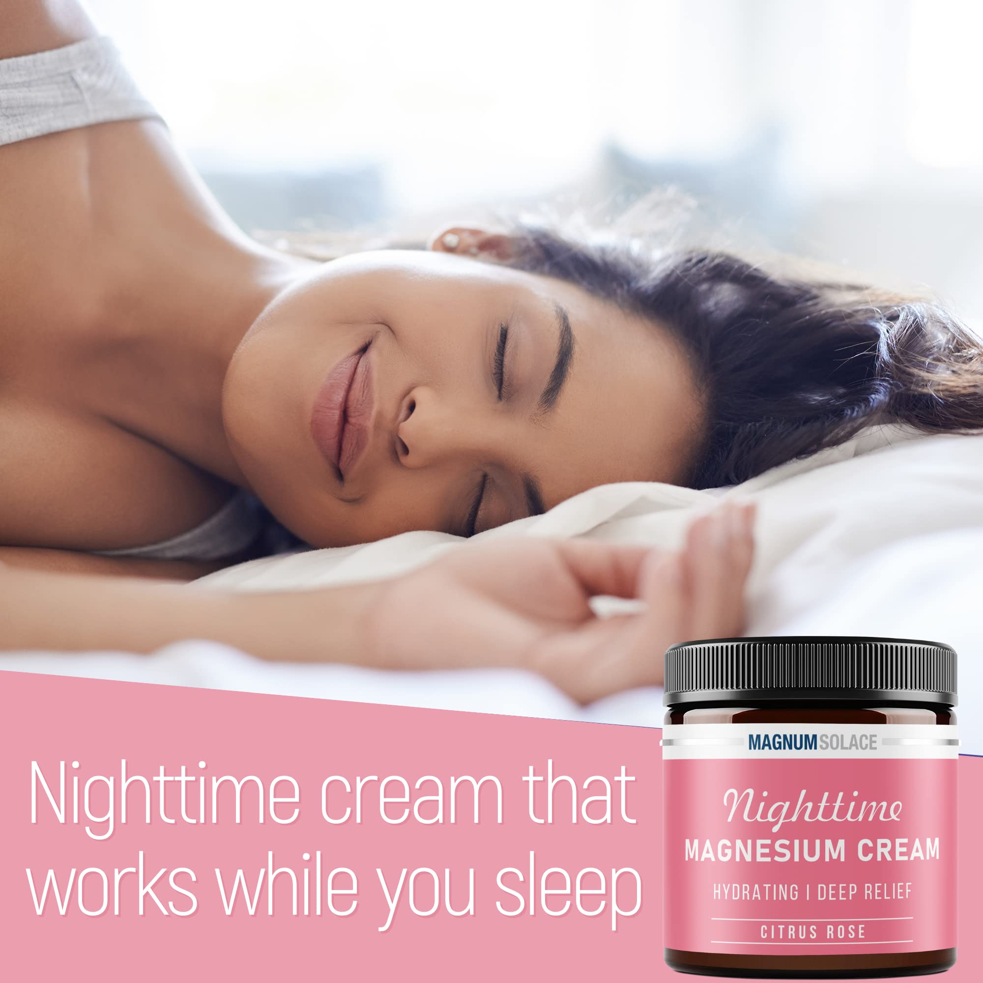 Hands applying Magnum Solace Nighttime Magnesium Cream to arms with Citrus Rose scent.