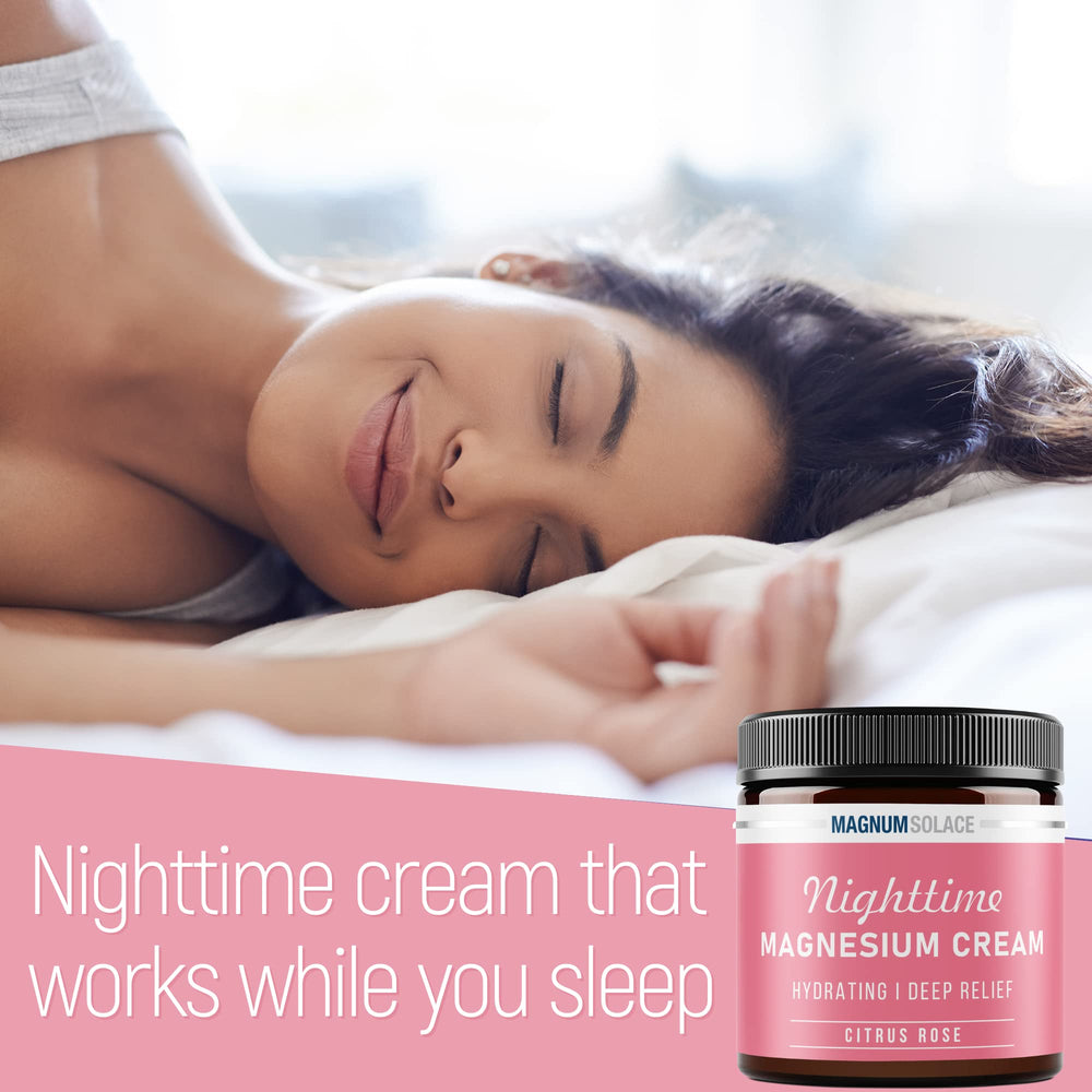 Hands applying Magnum Solace Nighttime Magnesium Cream to arms with Citrus Rose scent.