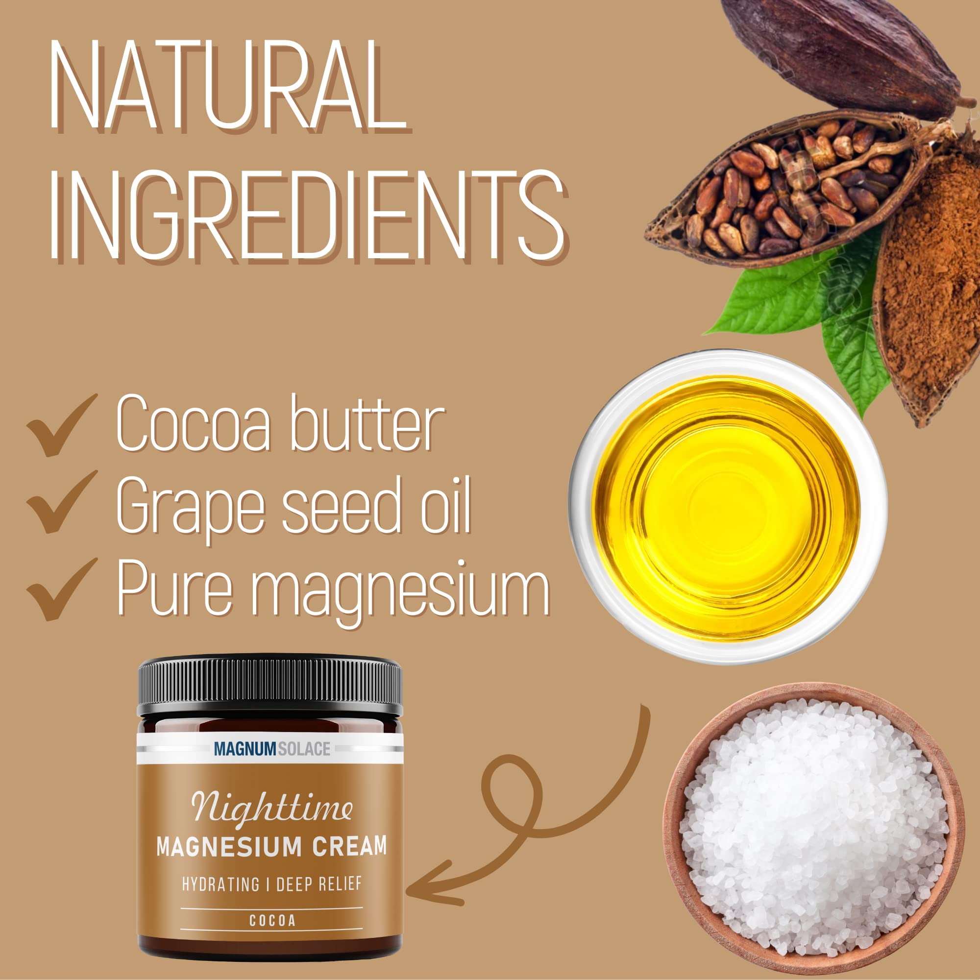 Magnum Solace Nighttime Magnesium Cream back panel with ingredients and usage guidance.