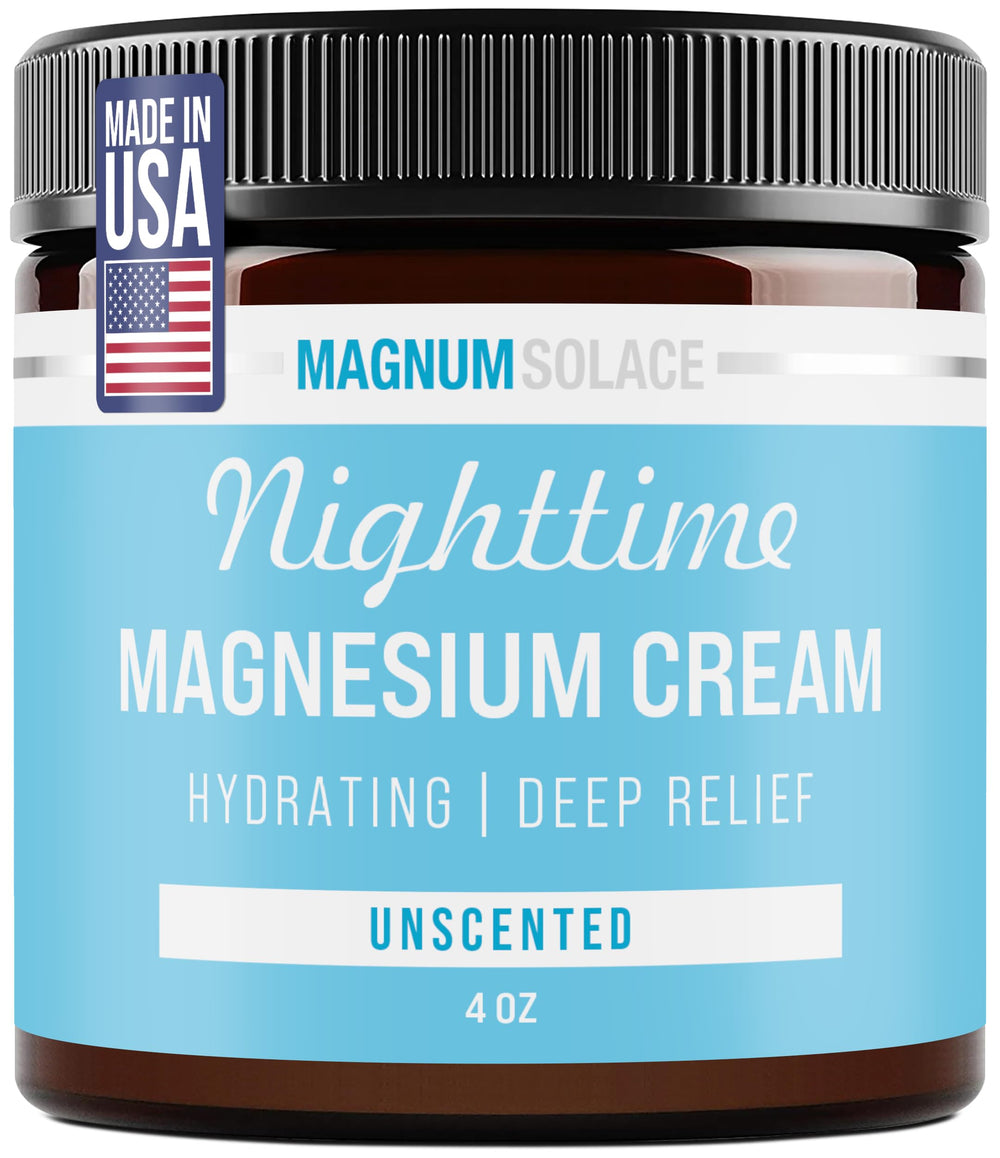 Magnum Solace Nighttime Magnesium Cream bottle for easy nightly application before bed