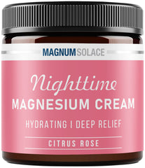 Magnum Solace Nighttime Magnesium Cream bottle for a nightly leg routine.