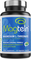 Magtein bottle label close-up displays the patented brain-support formula.