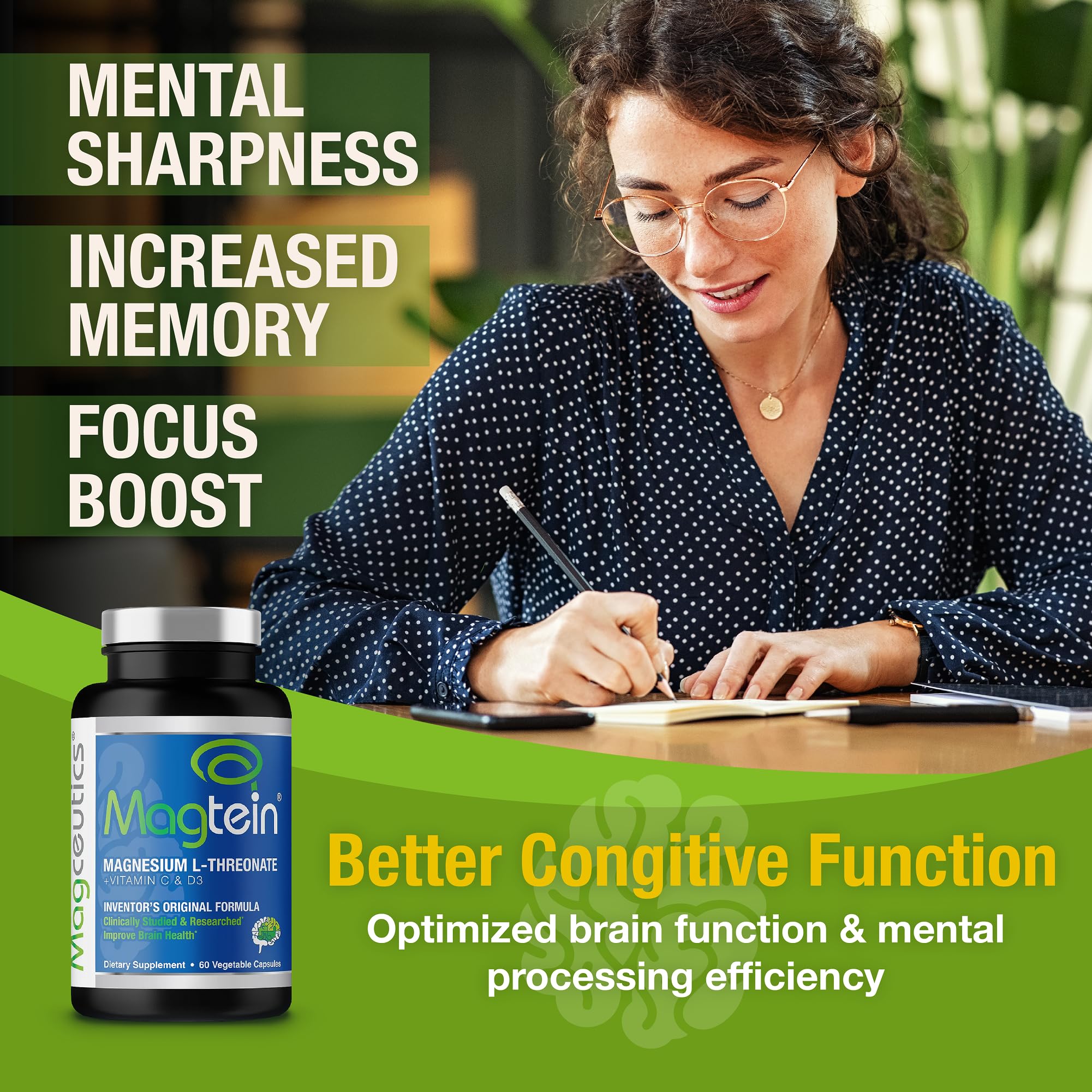 Magtein capsules outside the bottle suggest convenient daily focus support.