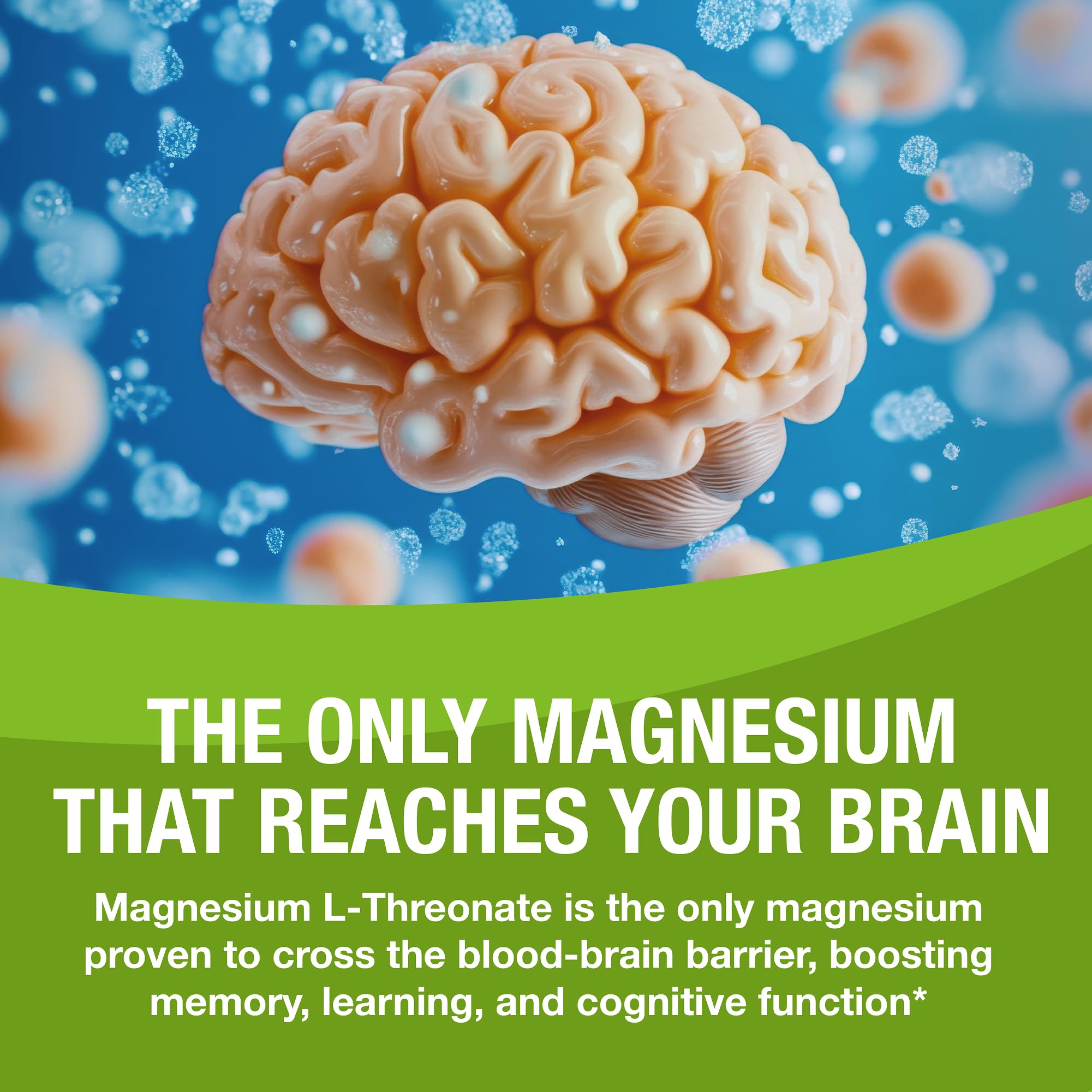Magtein packaging front highlights premium magnesium L-threonate and nutrients.