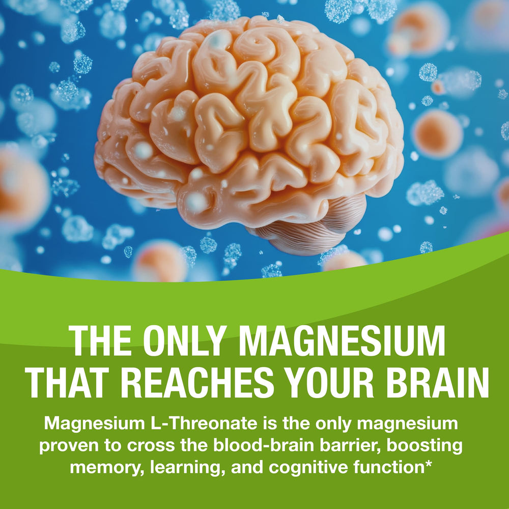 Magtein packaging front highlights premium magnesium L-threonate and nutrients.