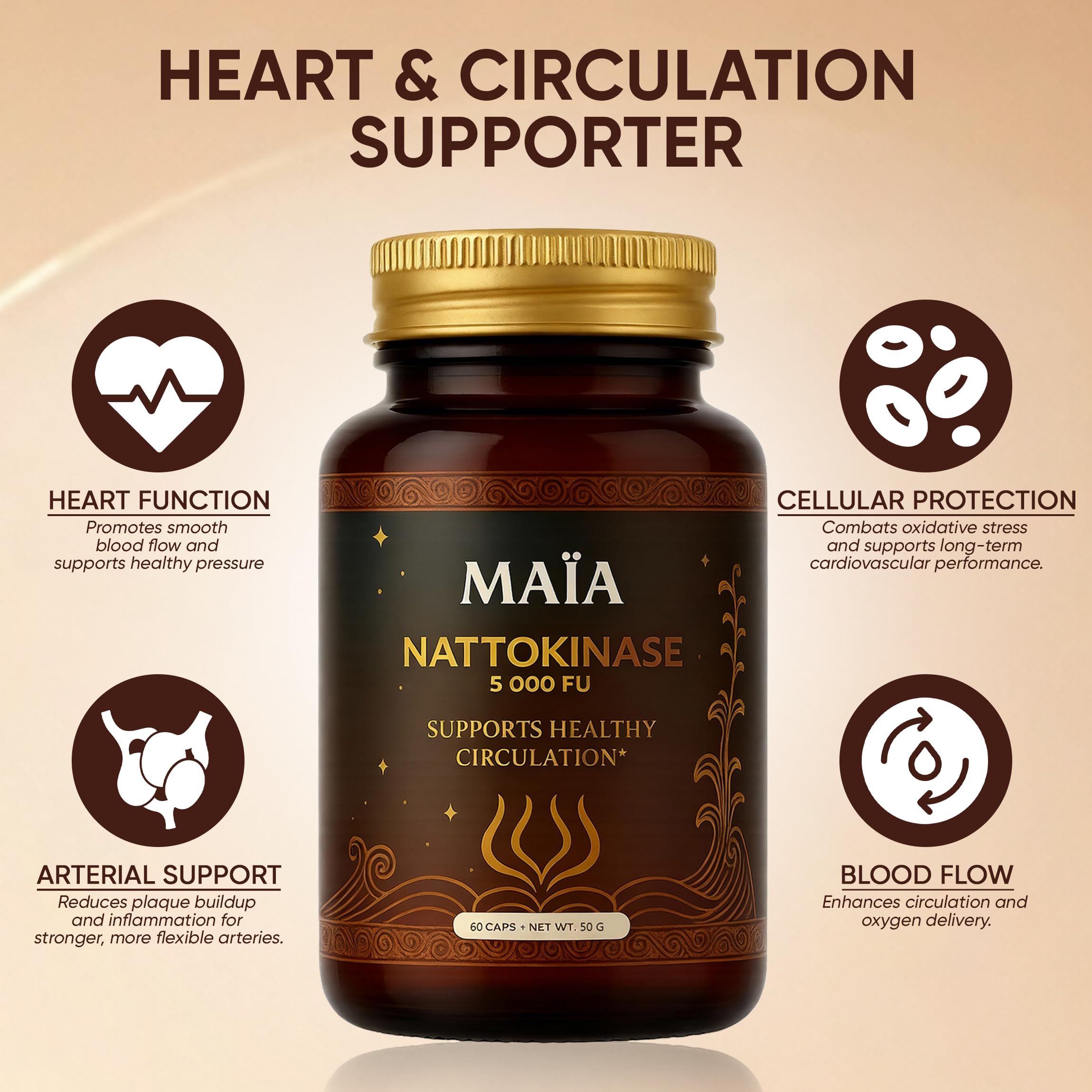 Maia Nattokinase daily-use bottle showing recommended dosage for circulation