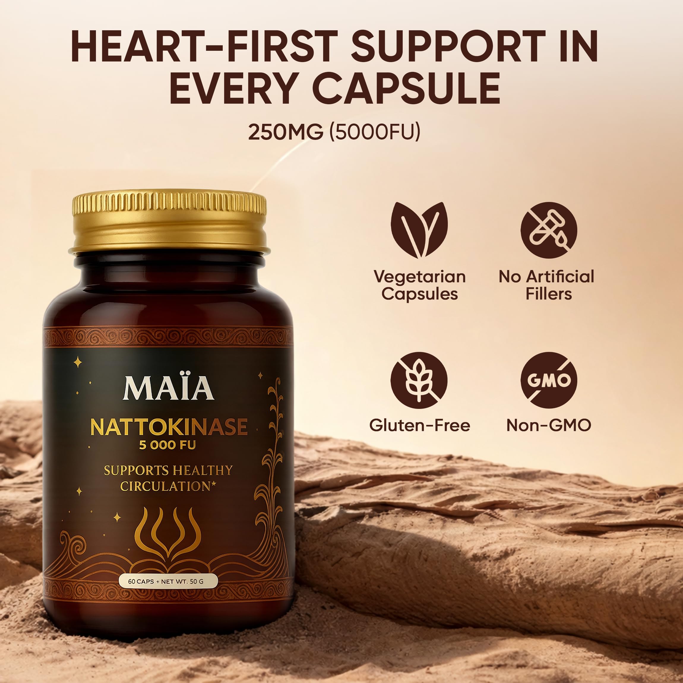 Maia Nattokinase capsules on label showing easy dosing