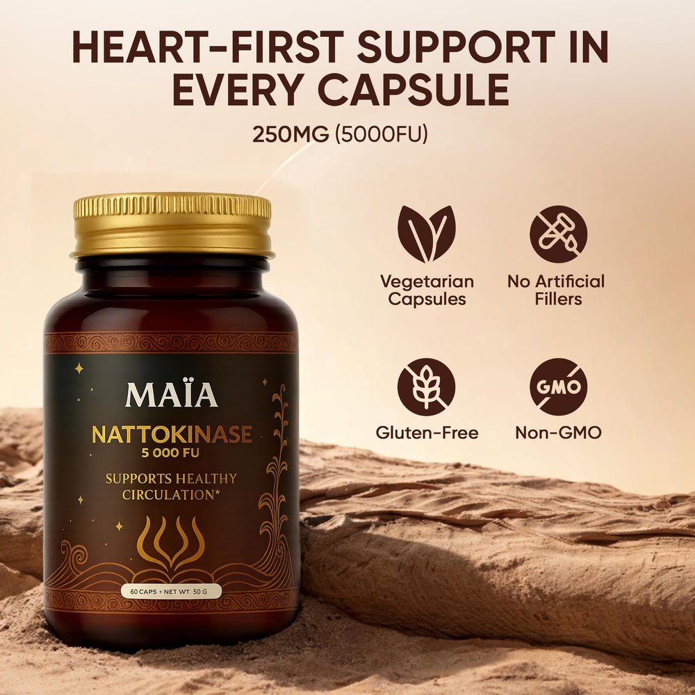 Maia Nattokinase capsules on label showing easy dosing