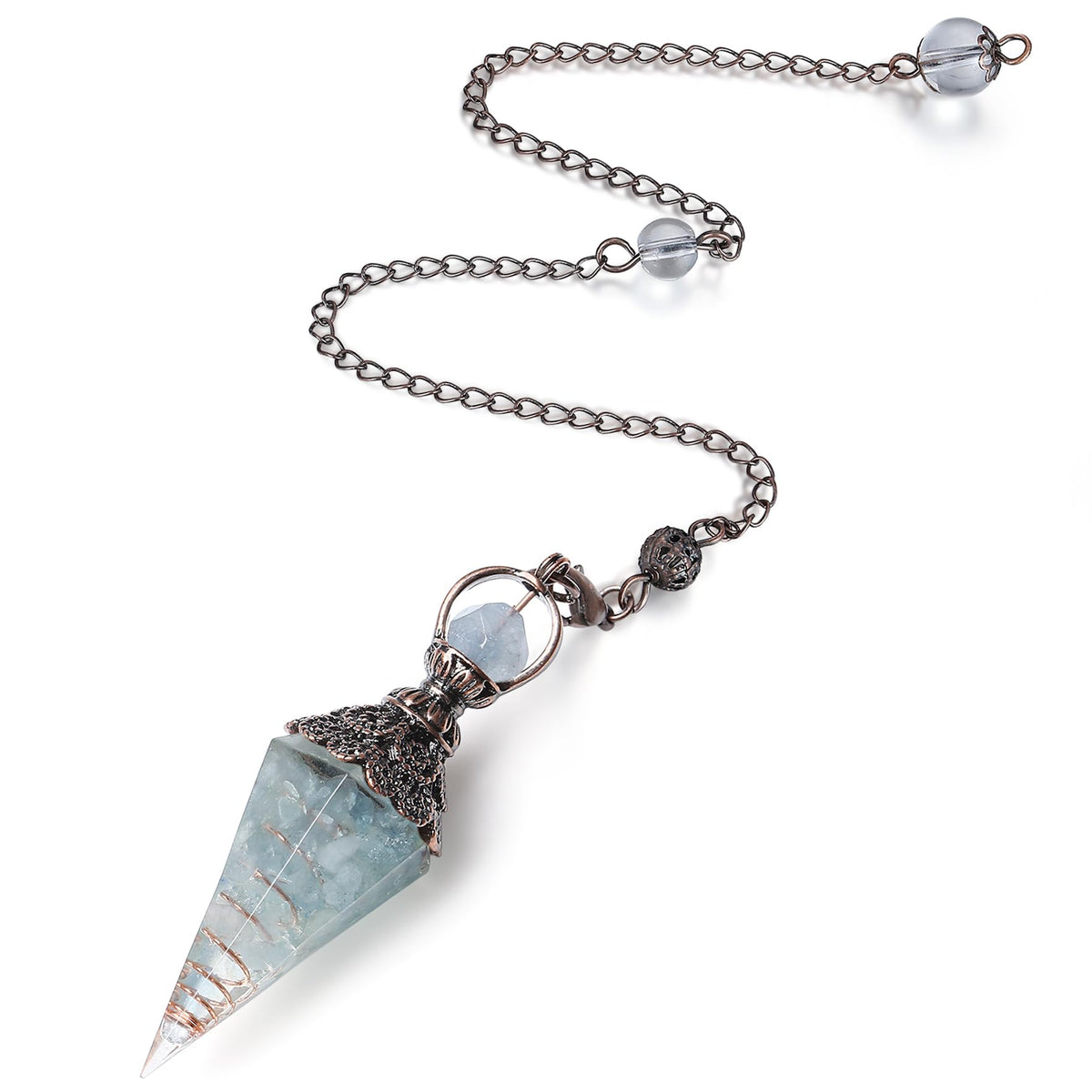 Maibaota aquamarine pendulum closeup highlighting natural crystals for intuitive divination