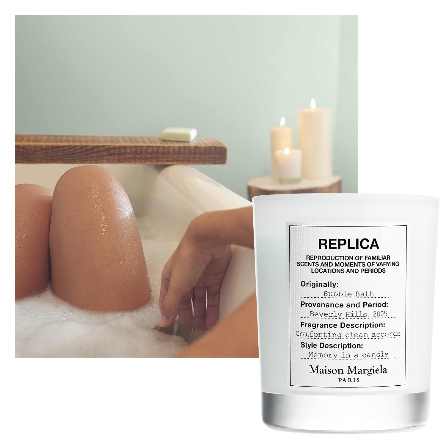 Maison Margiela Replica Bubble Bath candle close-up highlighting soap bubble accord notes.