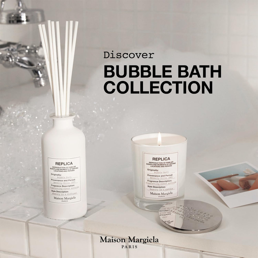 Maison Margiela Replica Bubble Bath candle note illustration on label suggesting coconut milk scent.
