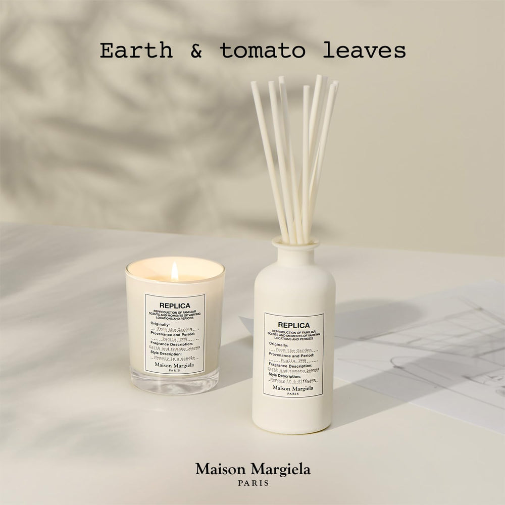 Maison Margiela Replica Garden diffuser showcases geranium for warm, earthy touch.