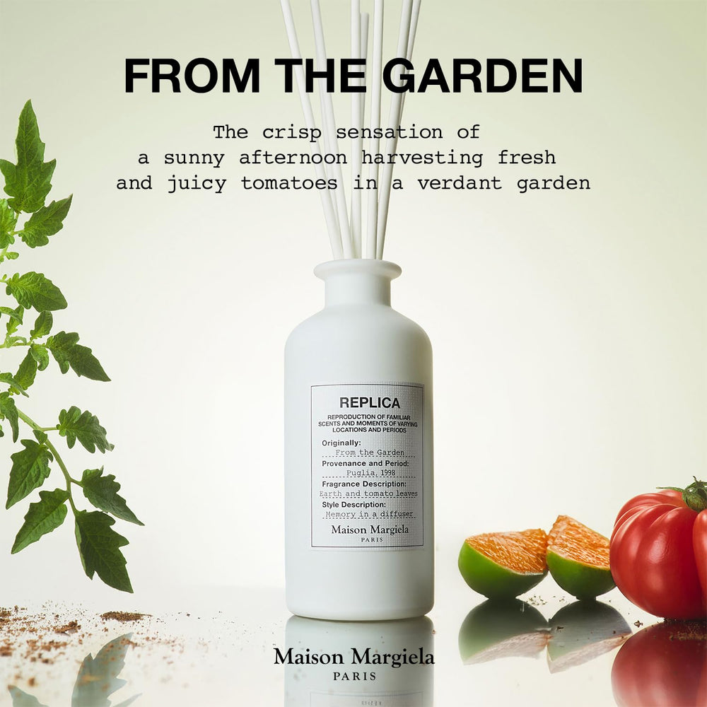 Maison Margiela Replica Garden diffuser highlights green mandarin for bright, juicy scent.