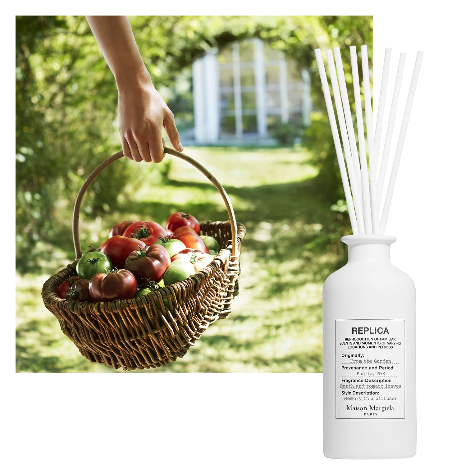 Maison Margiela Replica Garden diffuser label detail highlights iconic REPLICA branding.