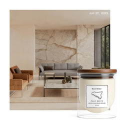 Maison Sicilian Palo Santo Candle lit wick casts calming glow for relaxation.