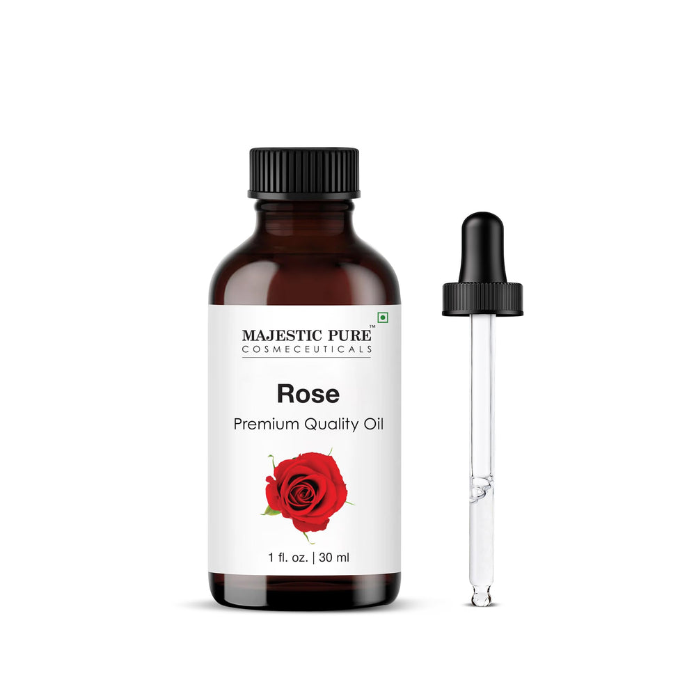 Majestic Pure Aceite Esencial de Rosa en botella ámbar con gotero para aromaterapia