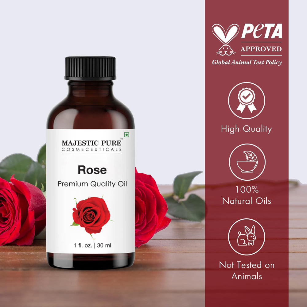 Aceite rosa Majestic Pure en frasco ámbar para proteger la pureza