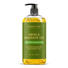 Majestic Pure Arnica Massage Oil bottle pour for a smooth, fast-absorbing massage.