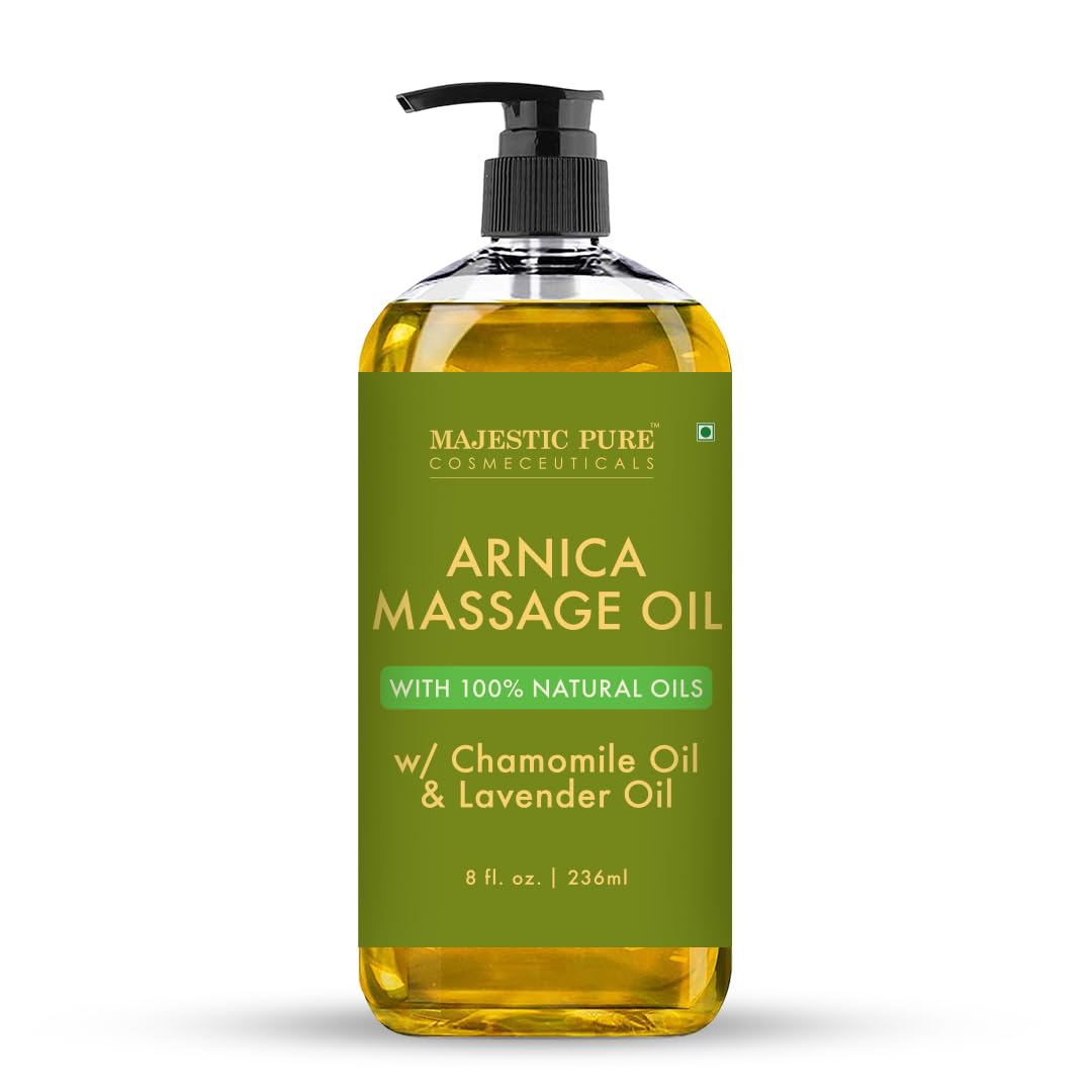 Majestic Pure Arnica Massage Oil bottle for soothing soreness