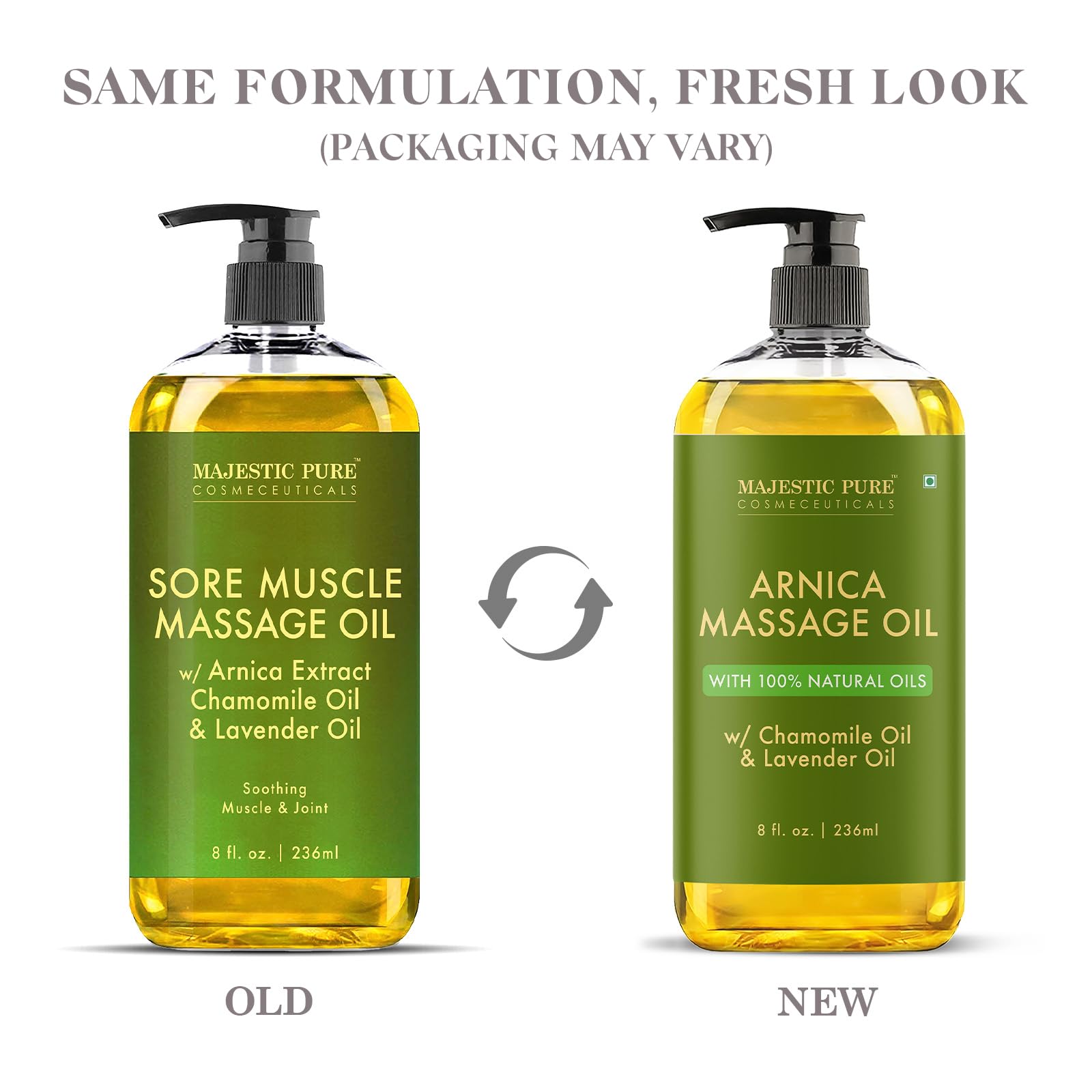 Majestic Pure Arnica Massage Oil label close-up with lavender and chamomile for calming routine.