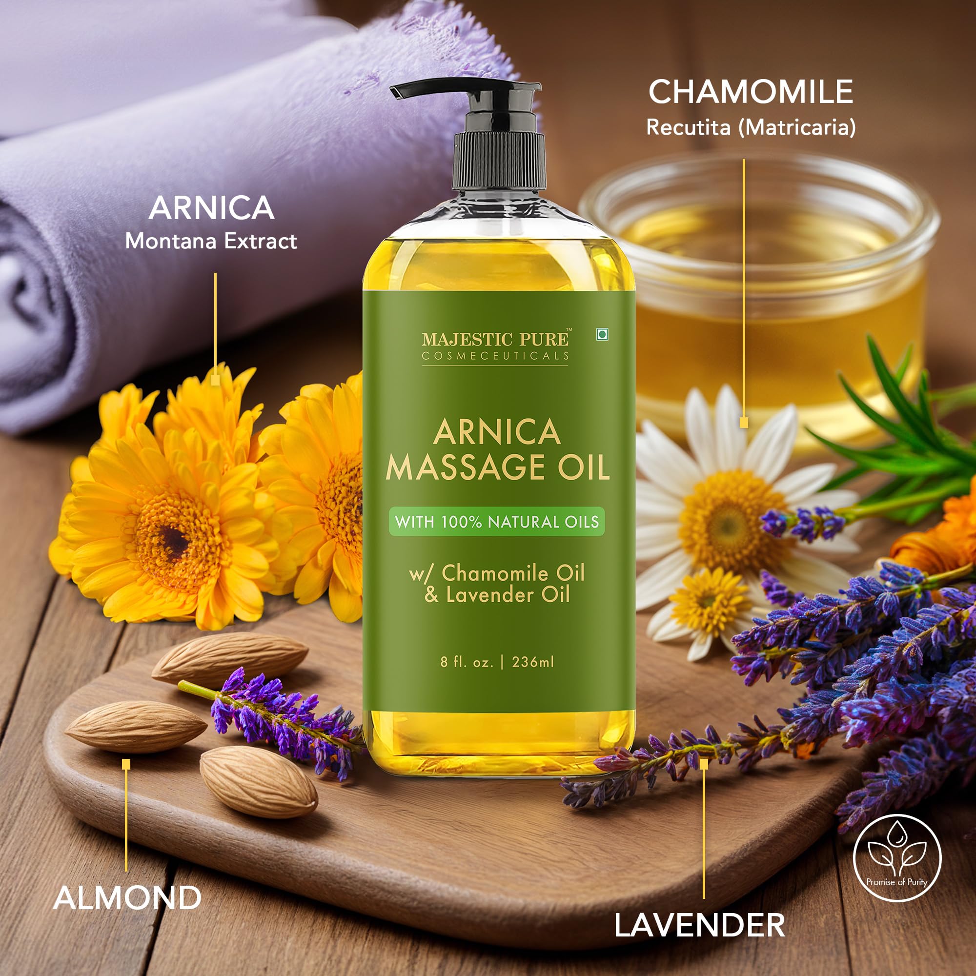 Majestic Pure Arnica Massage Oil lavender-chamomile blend shown, ideal for post-workout relaxation.