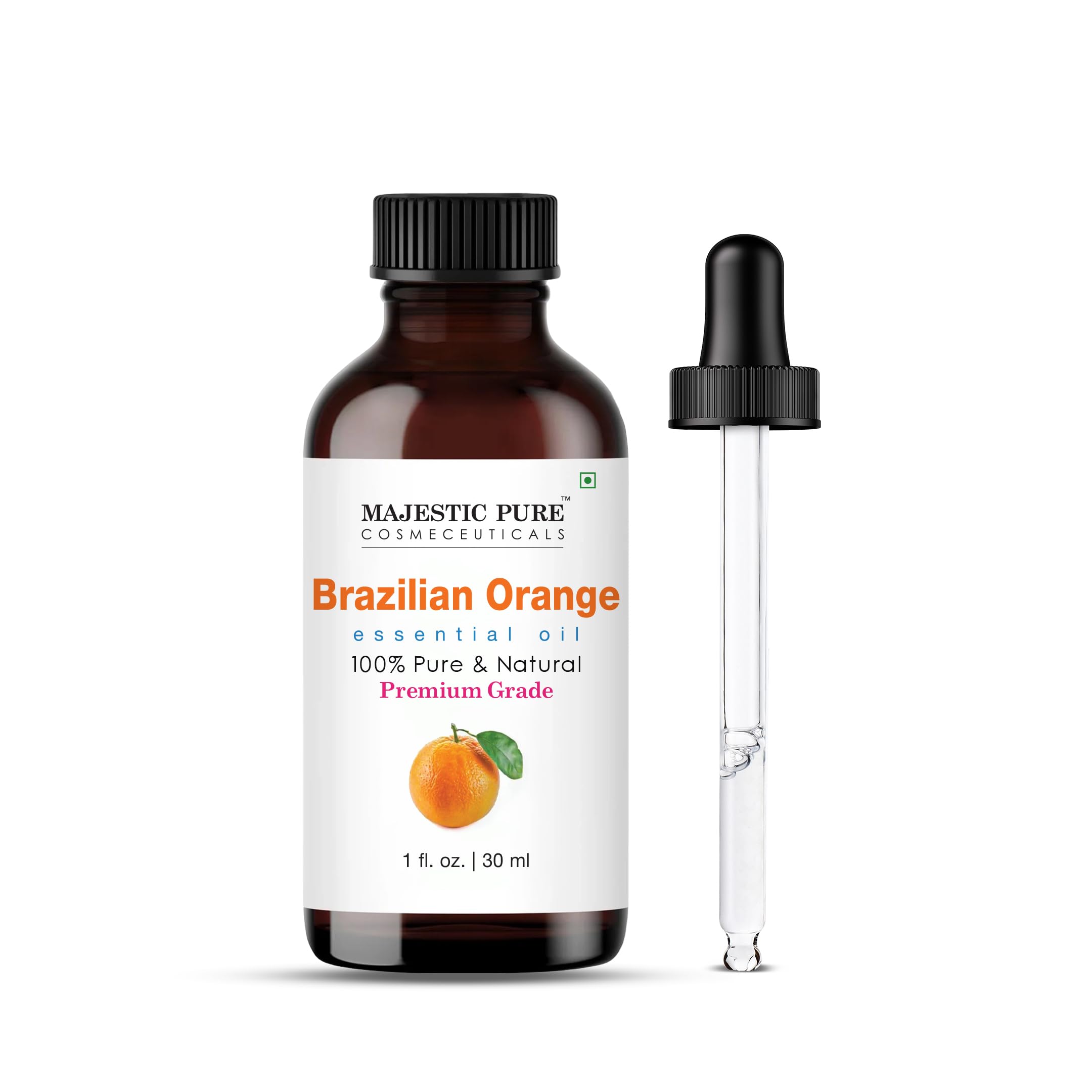 Majestic Pure Brazilian orange oil in amber bottle preserves freshness and protects from light