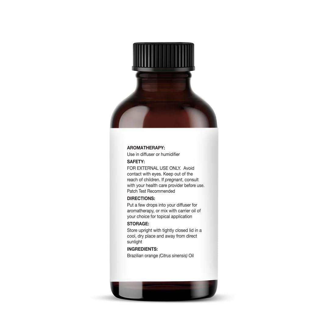 Majestic Pure Brazilian orange oil lab-test label indicating purity and quality
