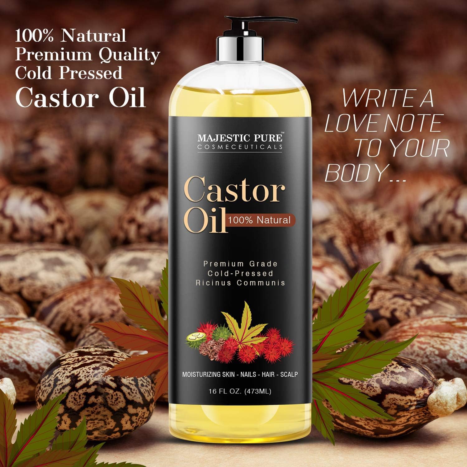 Majestic Pure Castor Oil in amber glass, hexane-free premium formula