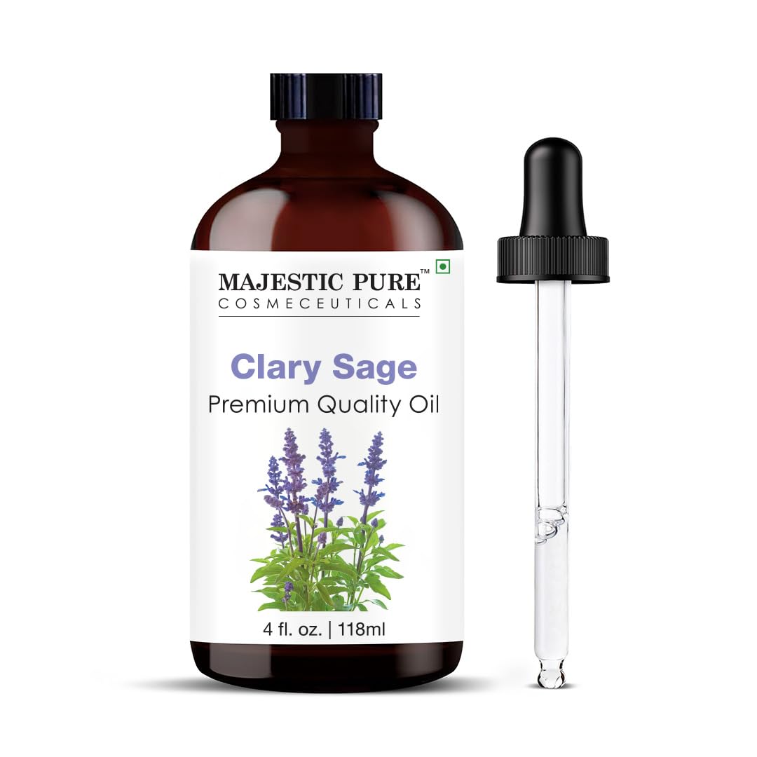 Majestic Pure Clary Sage Oil in an amber bottle for aromatherapy